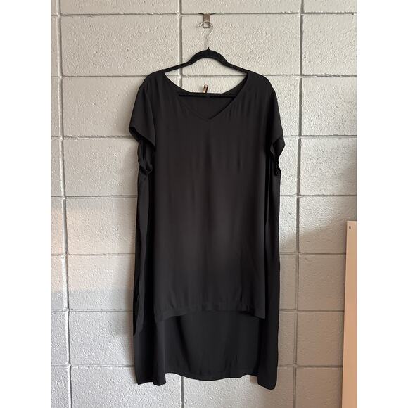 Womens Eileen Fisher 100% Silk Black Short Sleeve V-Neck High Lo Blouse size XL - Picture 1 of 6